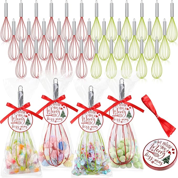 100 Sets 12 Inch Christmas Whisks Gifts DIYFillable Christmas Tree Ornaments Xmas Colored Silicone Whisks for Cooking Heat Resistant Egg Beaters with Card Rope Bag for Candy Holder