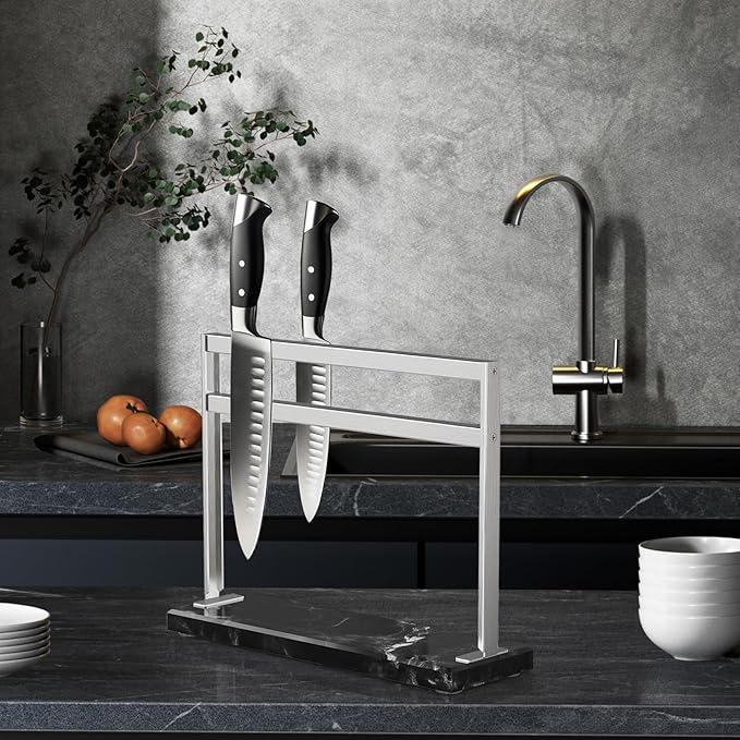 Magnetic Knife Block Stand - Marble Base Magnetic Knife Holder for Counter Top - Double Sided Knife Block without Knives - Stainless Steel Magnetic Kitchen knife holder - Black