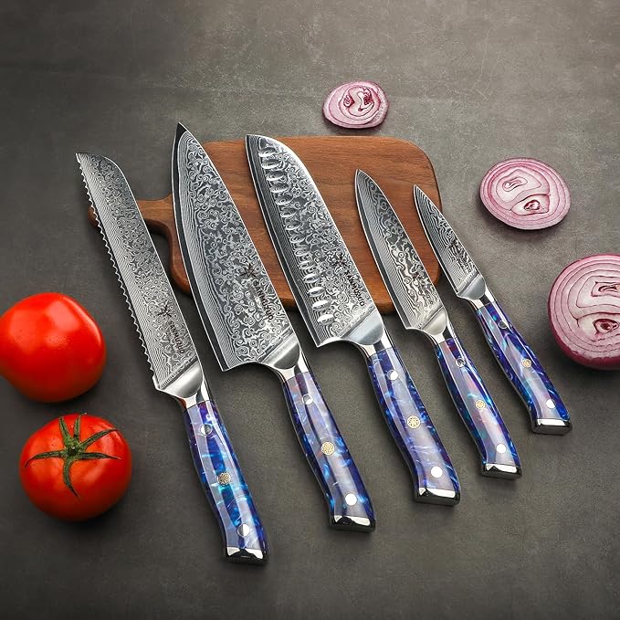 Chef Cooking Knives Set- Kitchen Knife Set of 5 Piece - Ultra-Sharp VG10 Damascus Steel & Resin Handle - Xuan Series (Sapphire Blue)