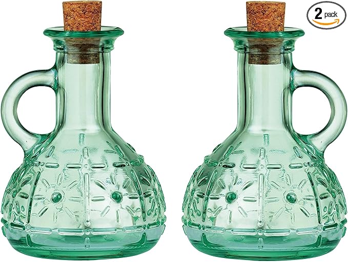 Bormioli Rocco Set Of 2 Country Home Olivia Oil Bottle, 7-ounce Cruet With All Natural Cork Lid, Blue-green Tinted Star Glass, Elegant And Floral Design, Made In Italy.
