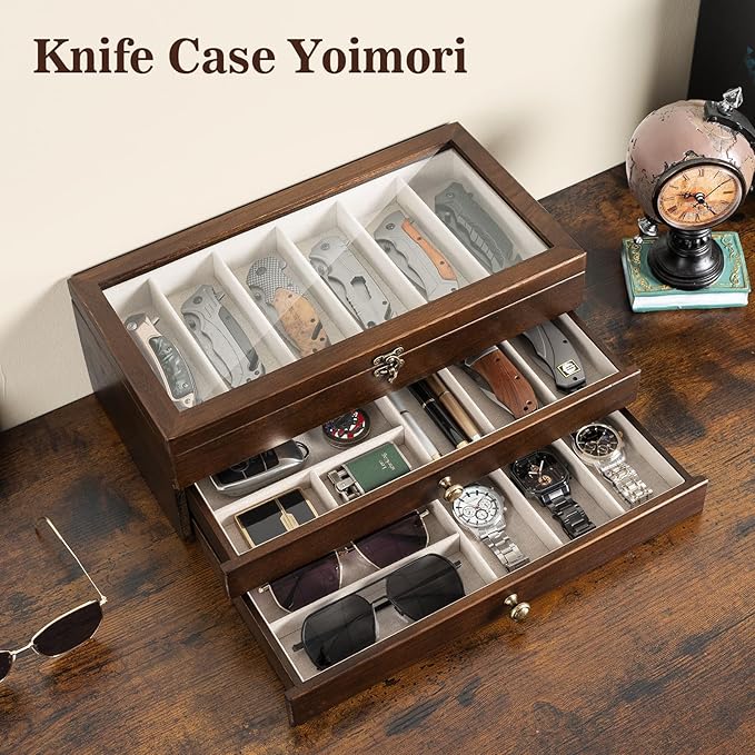 Knives Display Box, 3-Layer Pocket Knives Box Display & Storage Knives, Solid Wood Knives Box for Collections, Gift for Boyfriend Fathers Day Birthday Gifts(Walnut)