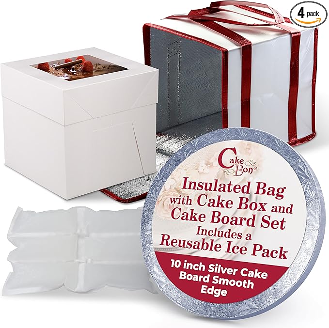 Cakebon Cake Box and Boards, 10-Inch Round Silver Smooth Edges 1/2- Inch Thick Drums with Insulated Bag and Ice Pack – Cake Transport Set, Cooler for Cake Delivery and Transport (1pc Each, 4pcs Total)