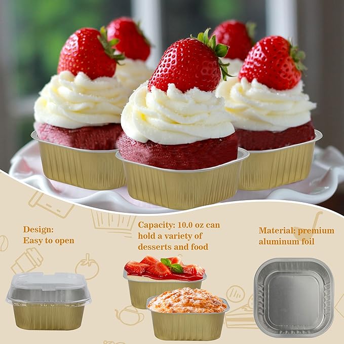 Cupcake Liners with Lids, 30pcs 10oz Mini Cake Pans With Lids Disposable Aluminum Foil Creme Brulee Ramekins Cake Cups Aluminum Pans With Lids Baking Cups, Gold, HG01AP300GDX30