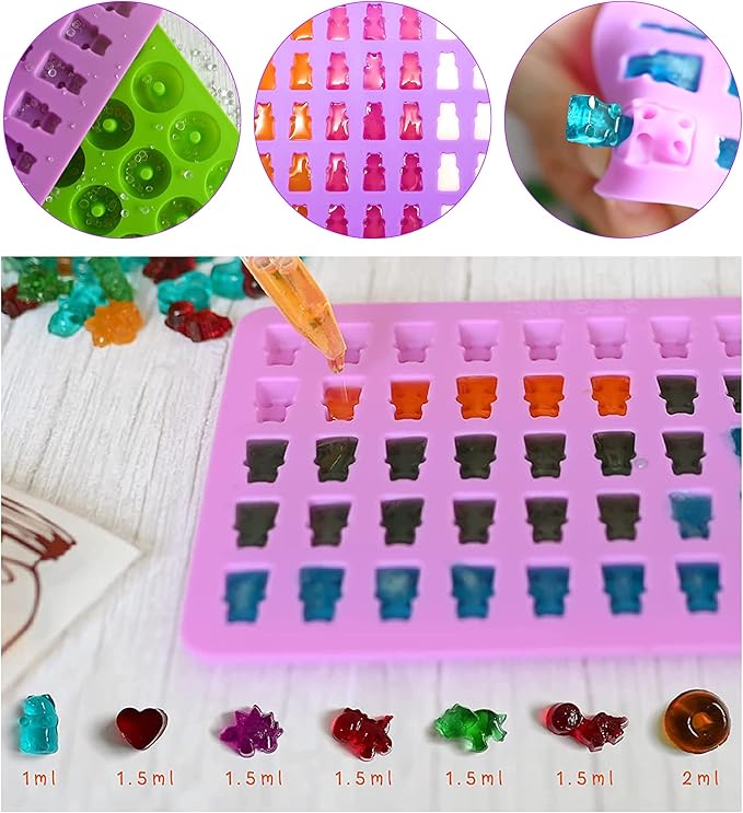 KRLIFCSL Gummy Molds 6 Pcs Set 299 Candies, 16 Shapes with 4 Droppers, 1 Clean Brush & 50 Package Bags, Including Dinosaur, Hearts, Sea Animals Nonstick Chocolate Molds (Mini Multicolor)