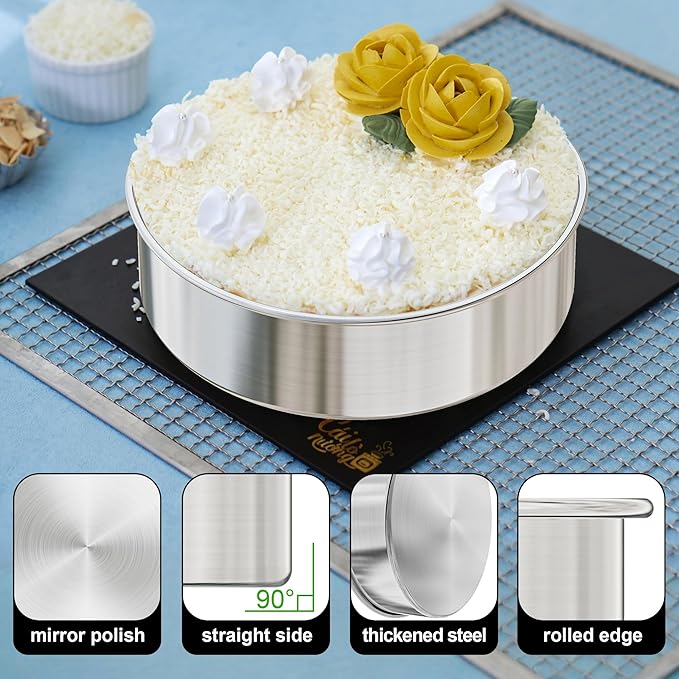 9½ Inch Round Cake Pan Set of 2, Nonstick Circle Stainless Steel Layer Cake Pans 9½ Inch Round with 100PCS Parchment Paper, Baking Pan Set for Birthday Christmas, Silicone Spatula & Dishwasher Safe