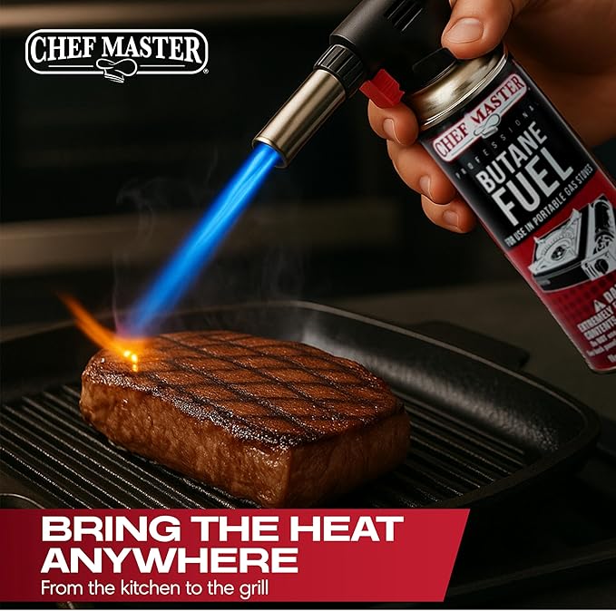 Chef Master Butane Torch Lighter, Refillable Kitchen Torch, Cooking Torch, Adjustable Flame for Creme Brulee, Desserts, BBQ, Crafts, Soldering, Indoor & Outdoor Use - Butane Not Included Model 90022