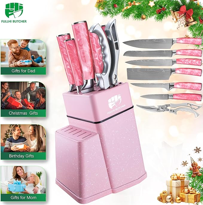 FULLHI 8pcs block Knife Set,chef's Knves Set with Block and Sharpener, Kitchen Knife Set,Multi-colour Handle, Gifts for Men Women