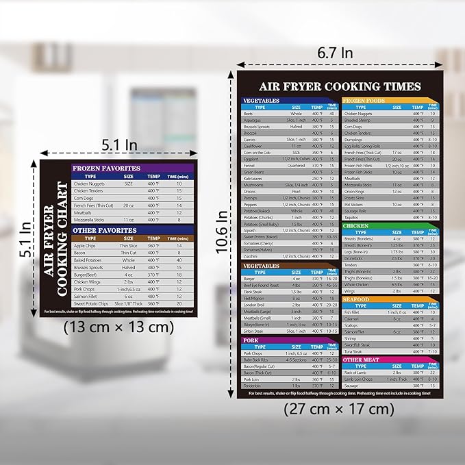 Air Fryer Cooking Times Magnetic Chart - 2-Piece Magnetic Cheat Sheet for 80+ Foods, Rectangular Cooking Guide for Easy Reference, Air Fryer Cooking Accessory, Fridge/Oven - Mountable Sheets