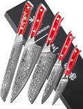 Chef Cooking Knives Set- Kitchen Knife Set of 5 Piece - Ultra-Sharp VG10 Damascus Steel & Resin Handle - Xuan Series (Sunset Red)