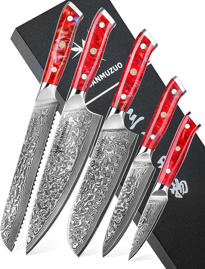 Chef Cooking Knives Set- Kitchen Knife Set of 5 Piece - Ultra-Sharp VG10 Damascus Steel & Resin Handle - Xuan Series (Sunset Red)
