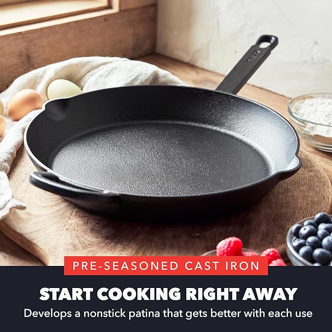 GreenPan x Bobby Flay 12” Cast Iron Pre-Seasoned Skillet with Helper Handle, Professional Grade Heavy Duty, Induction, Pour Spouts, Versatile Stovetop, Oven, BBQ Grill Fire, Indoor/Outdoor Use, Black