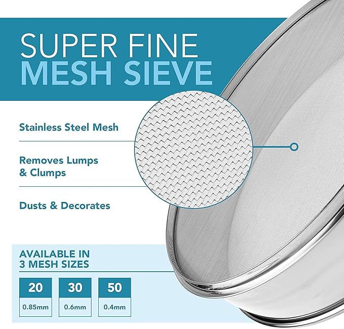 Stainless Steel Flour Sifter Fine Mesh Round Flour Sieve for Baking 12" Diameter x 2.5" High; 20 Mesh (Hole Size 0.85mm)