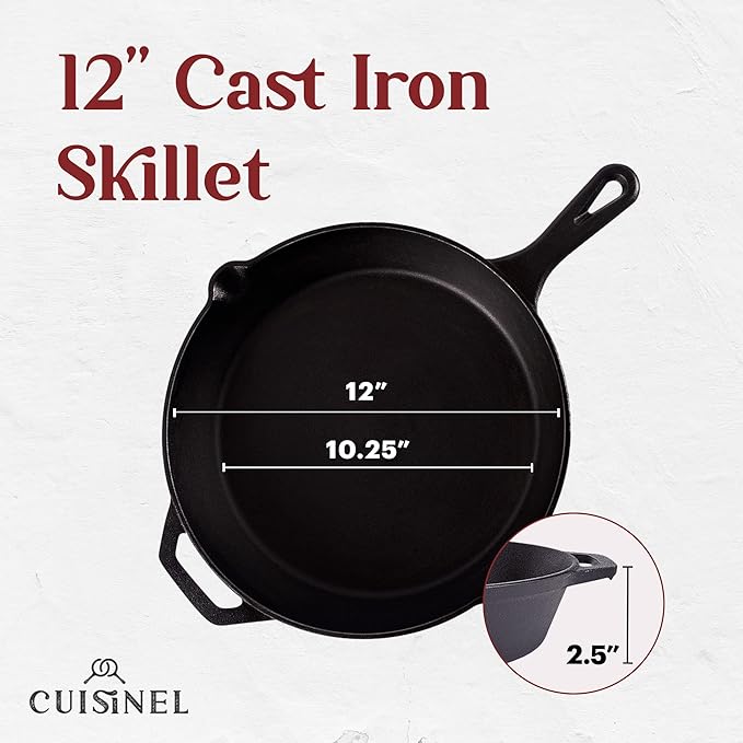 Cuisinel Cast Iron Skillet with Lid - 12"-Inch Frying Pan + Glass Lid + Heat-Resistant Handle Cover - Pre-Seasoned Oven Safe Cookware - Indoor/Outdoor Use - Grill, BBQ, Fire, Stovetop, Induction Safe