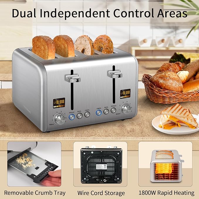 SEEDEEM 4 Slice Stainless Toaster - Color LCD Display, 7 Shade Settings, 1.5'' Wide Slots with Bagel/Defrost/Reheat Functions, Removable Crumb Tray, Silver Metallic, 1800W