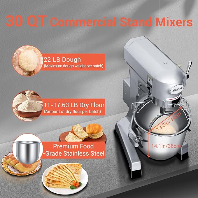 30 QT Stand Mixer, Commercial Industrial Grade Kitchen Electric Food Mixer with Stainless Steel Bowl, 3 Types of Mixing Tools, Built for Professional Baking: Effortlessly Handles Large Recipes