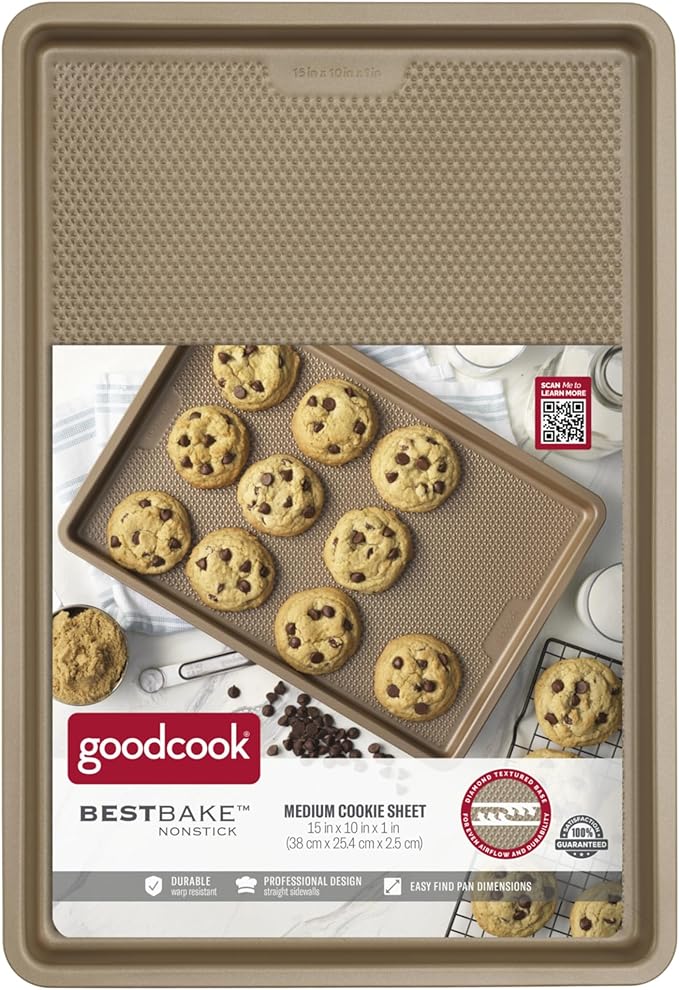 GoodCook BestBake Nonstick 10" x 15" Textured Carbon Steel Cookie Sheet, Medium Baking Tray, Scratch-Resistant Bakeware, Even Heating, Durable Bronze Nonstick Baking Sheet