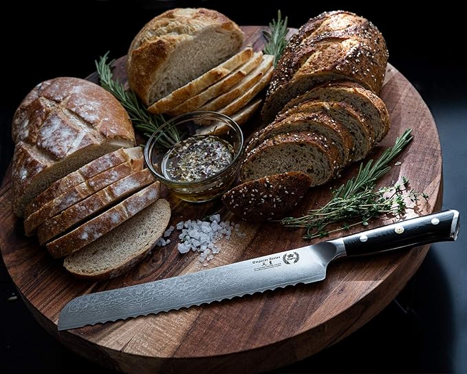 Regalia Bread Knife 10 inch: Professional Serrated Japanese AUS-10 67-Layer Damascus steel ultra sharp blade w/G-10 Ergonomic handle
