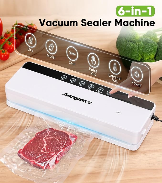 Vacuum Sealer for Food, 6-in-1 Food Vacuum Sealer Machine, 80kpa Suction Power Food Sealer Vacuum Sealer, Compact Vacuum Sealers with 10 Vacuum Bags, External VAC for Jars & Containers, White