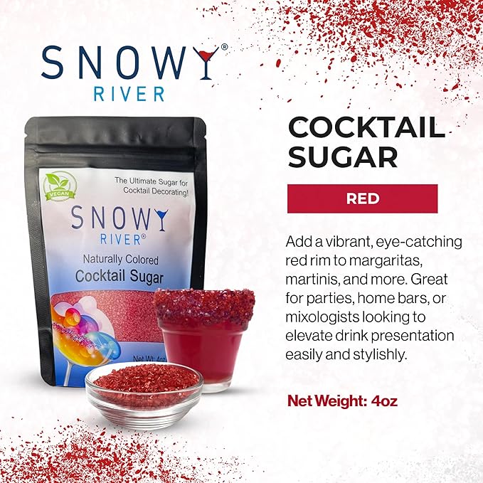 Snowy River Red, Cocktail & Margarita Sugar Rimmer - Vibrant Naturally Colored Sugar for Cocktail Rimming, Baking & Decorating, Medium Crystal - 4oz