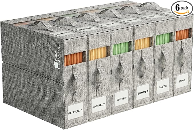 6Pack Sheet Organizers and Storage - King/Queen Size Sheet Storage Organizer with Window, Foldable & Dustproof Sheet Organizer for Linen Closet for Summer Blankets & Sheet Sets,Grey