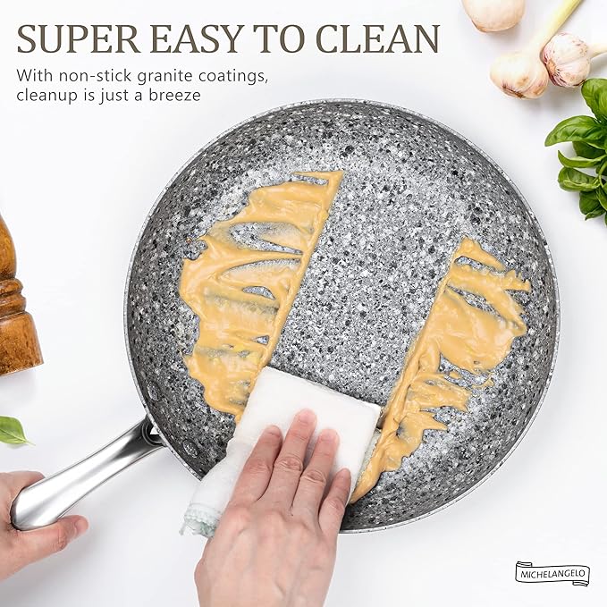 MICHELANGELO 8 Inch Frying Pan with Lid, Ultra Nonstick Small Fry Pan with Granite Interior, Granite Stone Skillet 8 Inch Nonstick, Egg Pans for Cooking, Oven Safe, Induction Compatible
