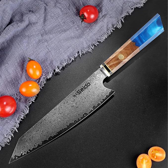 Seido Knives Kiritsuke Damascus Steel Chef Knife Epoxy Resin Stabilized Wood Handle Professional Kitchen Knife VG10 High Carbon Stainless Steel, Sapphire Blue