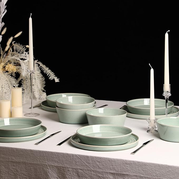 Stone Lain Claire 12-Piece Dinnerware Set Stoneware, Plates and Bowls Set, Dishwasher and Microwave Safe, Dish Set for 4, Green