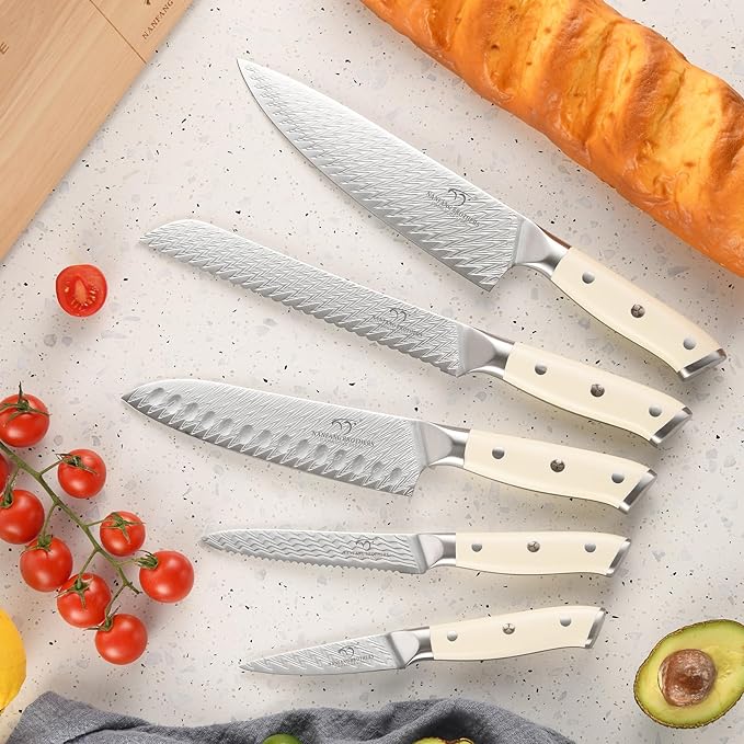 NF Damascus Kitchen Knife Set, NANFANG BROTHERS 6-Piece Damascus Steel VG10 Kitchen Knife Set with Wood Magnetic Knife Holder Block Professional Chef's Knife with Sharp Blades and ABS Ergonomic Handle