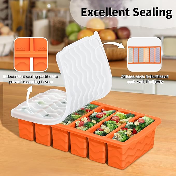 2-Pack Silicone Freezer Trays with Lid, 2 Large 2-Cup(500ml) & 6 Small 1/2-Cup(125ml) Soup Freezer Container Molds, Ice Cube Tray For Meal Prep & Freezing Soup, Stews, Sauces, Oven & Dishwasher-Safe