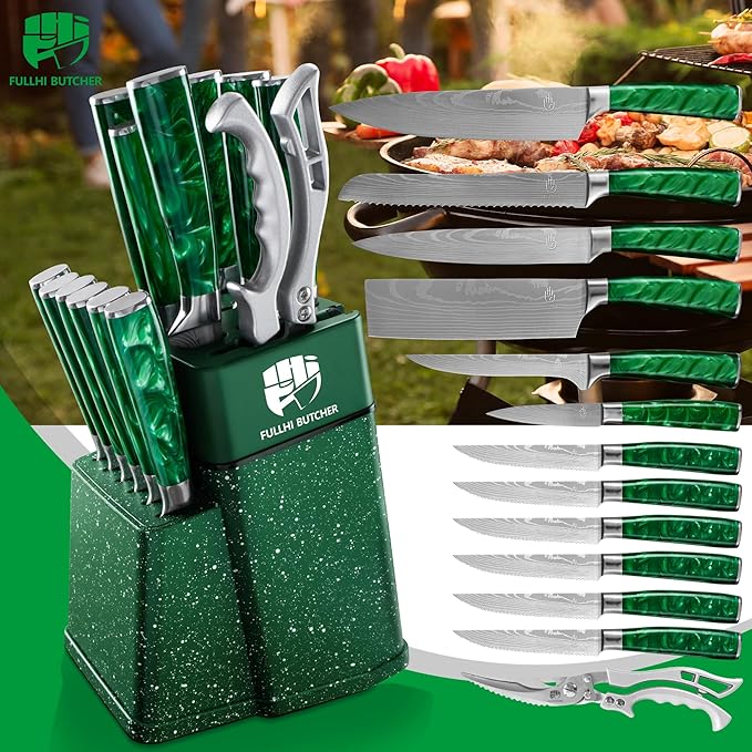 FULLHI 14pcs Block Knife Set, Chef's Knife Steak Knives Set with Block and Sharpener, Kitchen Knife Set, Multi-colour Handle, Gifts for Men Women