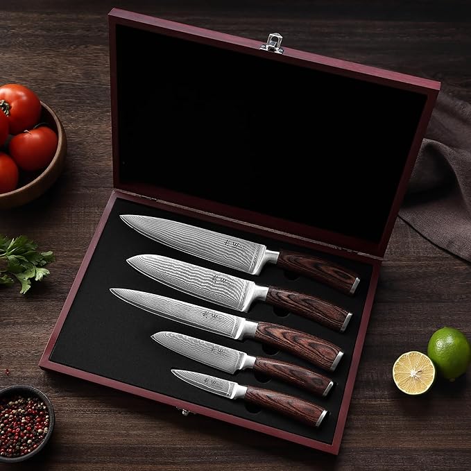 Wakoli EDIB 5-Piece Damascus Knife Set – Professional Kitchen Knives | Genuine Damascus Steel Blades with VG10 Core | Ergonomic Pakkawood Handles | Premium Chef Knife Set