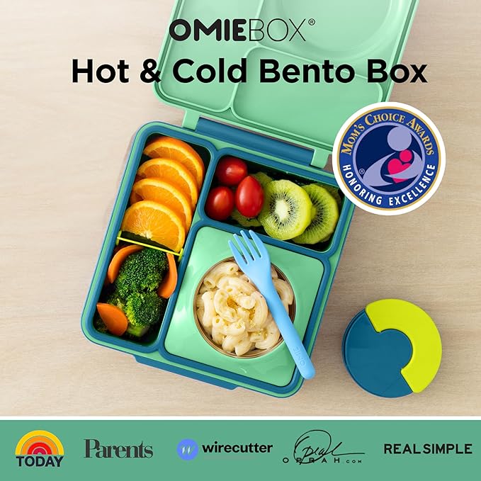 OmieBox Bento Box for Kids - Insulated Bento Lunch Box with Leak Proof Thermos Food Jar - 3 Compartments, Two Temperature Zones - (Meadow)