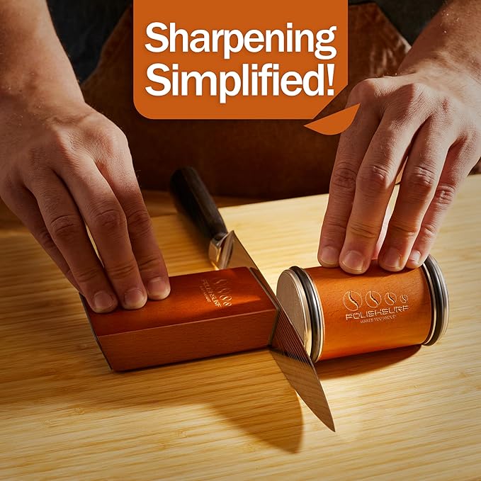 Rolling Knife Sharpener Kit for Kitchen – Chef Knife Sharpening Tool with 15° & 20° Magnetic Angle, Wooden Roller Base, Diamond Discs – Easy Manual Sharpener System