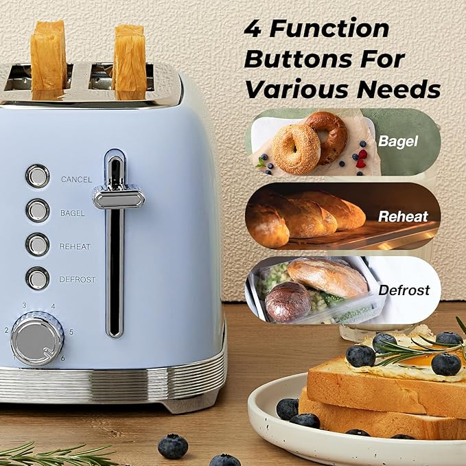 Toaster 2 Slice Retro Stainless Steel with 1.5” Extra Wide Slots Bagel, Defrost, Reheat, Cancel Functions, 6 Bread Shade Settings, Removable Crumb Tray, Blue