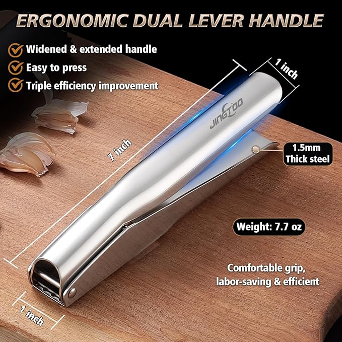 Garlic Press Stainless Steel, Premium Garlic Mincer - 5 Years Warranty - No Need to Peel Garlic Crusher, Ginger Masher & Presser Large Trough Ergonomic Handle, Easy Squeeze，Dishwasher Safe