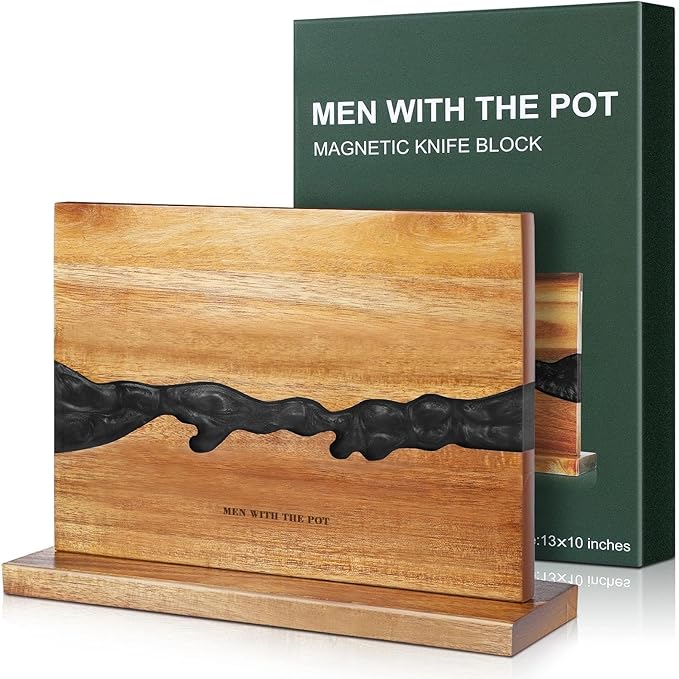 MEN WITH THE POT Magnetic Knife Holder 13 x 10 Inches, Multifunctional Double Sided Magnetic Knife Block Rack, Wood & Black Epoxy Universal Magnetic Knife Storage Stand for Kitchen Counter
