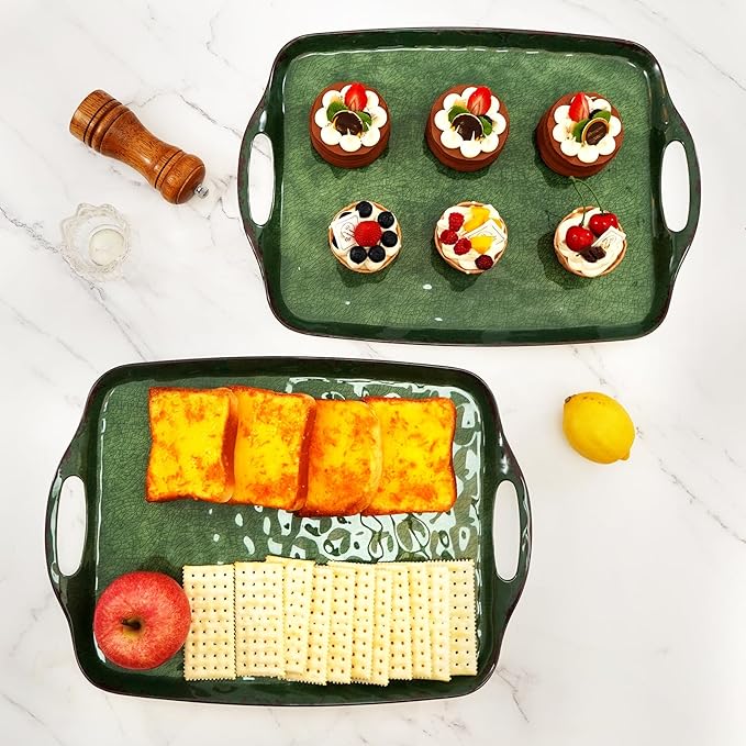 TP Serving Trays with Handles, 19 Inch Large Rectangular Melamine Serving Platter Set of 2, Retro Green