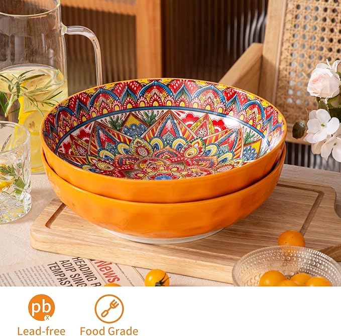 YUN TAO Large Serving Bowls,10 inch Ceramic Bowls, 75 Oz Capacity, Vibrant Orange Hue - Microwave and Dishwasher Safe for Salad, Pasta, Entertaining and Party (Set of 2)