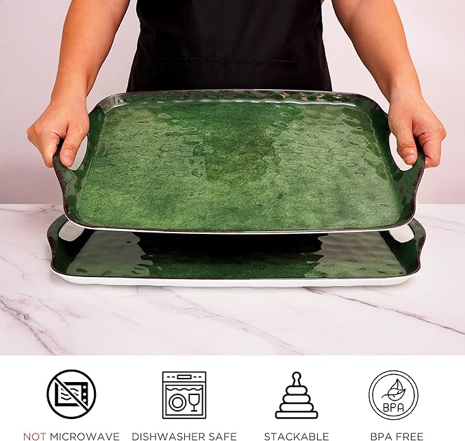 TP Serving Trays with Handles, 17 x 12 Inch Melamine Serving Platters for Food, Meat, Set of 2 Rectangular Trays for Eating, Retro Green