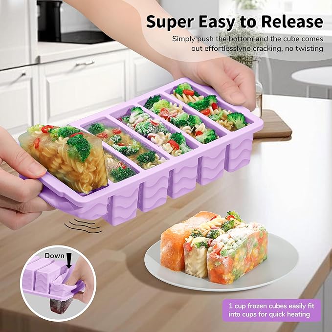 2-Pack Silicone Freezer Trays with Lid, 2 Large 2-Cup(500ml) & 6 Small 1/2-Cup(125ml) Soup Freezer Container Molds, Ice Cube Tray For Meal Prep & Freezing Soup, Stews, Sauces, Oven & Dishwasher-Safe
