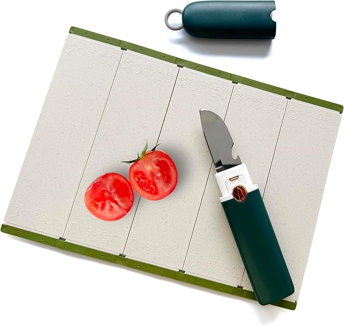 5-in-1 Small Cutting Board Set，Multifunctional Travel Stainless Steel Fruit Knife with cover，Outdoor Portable Peeling Fruit Potato Peeler for Travel, Camping, Kitchen (green)