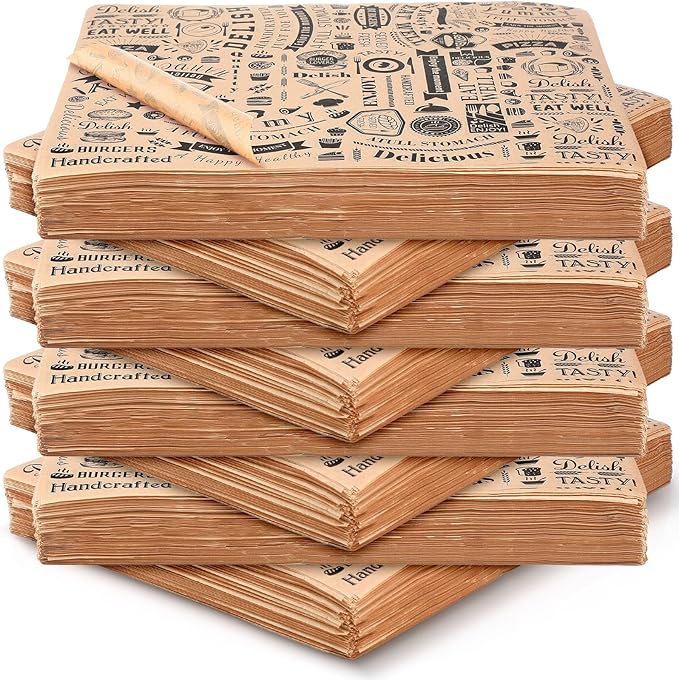 Outus 600 Pcs 8 x 10 inch Deli Wax Paper Sheets Grease Resistant Tray Basket Liners Newsprint Paper Water and Grease Proof Sandwich Wrapping Square Hot Dog Wrappers for Food Baking(Brown)