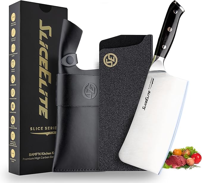 SliceElite Slice Series 7 Inch Bone Cutting knife High Carbon German Steel Blade Pakkawood Handle Dual Sheath Cleaver Chopper Butcher Tool Heavy Duty Kitchen Meat Slicer Vegetable Sharp Gift BBQ Chef