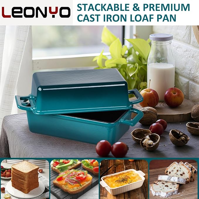 Leonyo 2-in-1 Cast Iron Bread Pan with Lid, Enameled Cast Iron Loaf Pan, 9 x 6 inch Sourdough Baking Pan, Homemade Bread Dutch Oven for Pound Cake, Lasagna, Up to 500℉ & Blackish Green