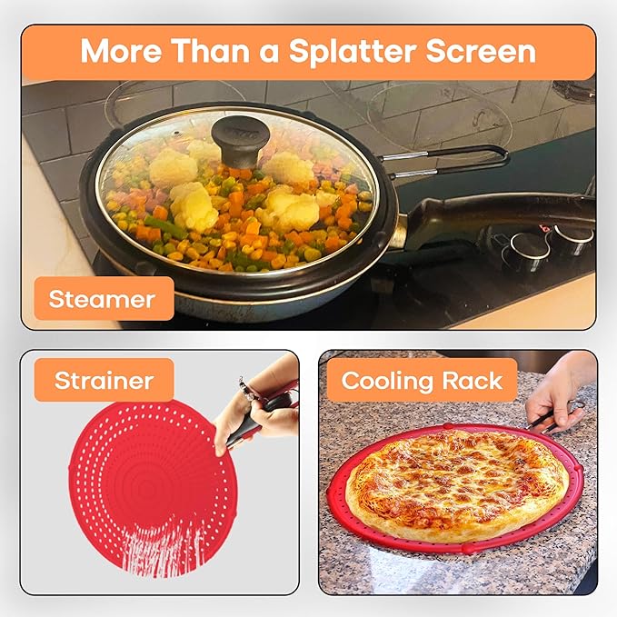 Frying Pan Splatter Screen | USA Brand | 11 Inch Red, Fit Pans (6" to 11") Silicone Grease Splatter Guard for Frying Pan and Stove by Beckon Ware