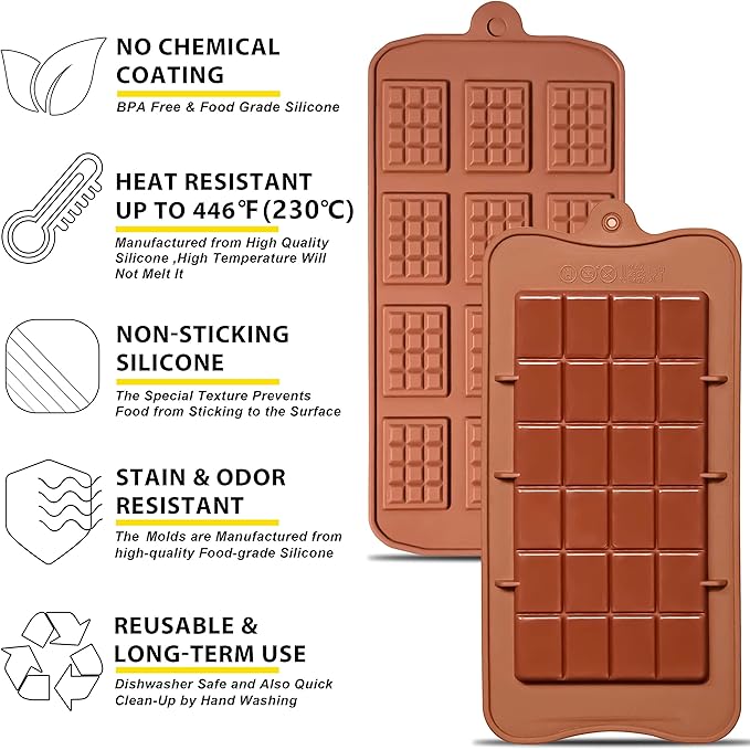 Anaeat Silicone Break Apart Chocolate Molds, Set of 4 Flexible Non-Stick Silicone Candy Protein and Energy Bar Molds for Mini Rectangle Chocolates and Candies - Just Pop Out
