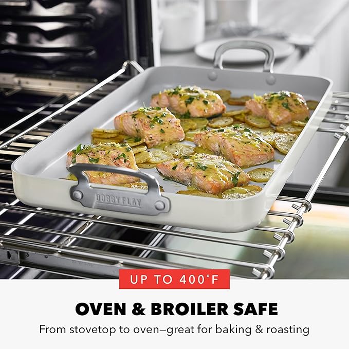 GreenPan x Bobby Flay 18" x 11" Nonstick Double Burner Griddle, PFAS-Free Ceramic Double Stovetop Skillet, Stainless Steel Handles, Dual-Use Cooking, Easy Clean Dishwasher & Oven Safe Pan, Cream