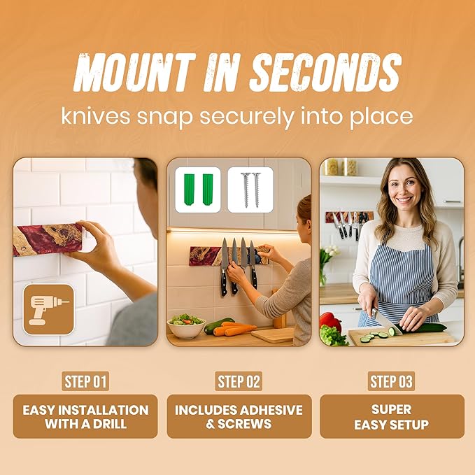 Magnetic Knife Holder for Wall 16 Inch |Premium Wood & Red and Grey Resin| Epoxy Knife Magnetic Strip, Kitchen Knife Block Holder with Strong Magnet, Space-Saving, Handcrafted Style & Easy to Install