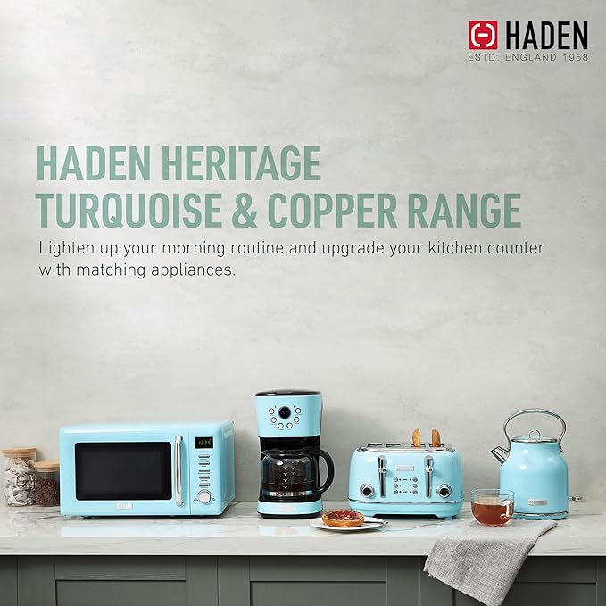 HADEN Coffee Machine, 12 Cup Drip Coffee Maker Bundled with Heritage 1.7 Liter Stainless Steel Electric Kettle, Turquoise & Chrome