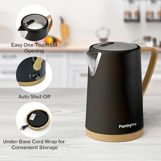PantryPro 1.7L 1500W Rapid-Boil Electric Kettle - Stainless Steel Interior - Auto Shut-Off, Boil-Dry Protection, LED Indicator, Wide Opening - Black